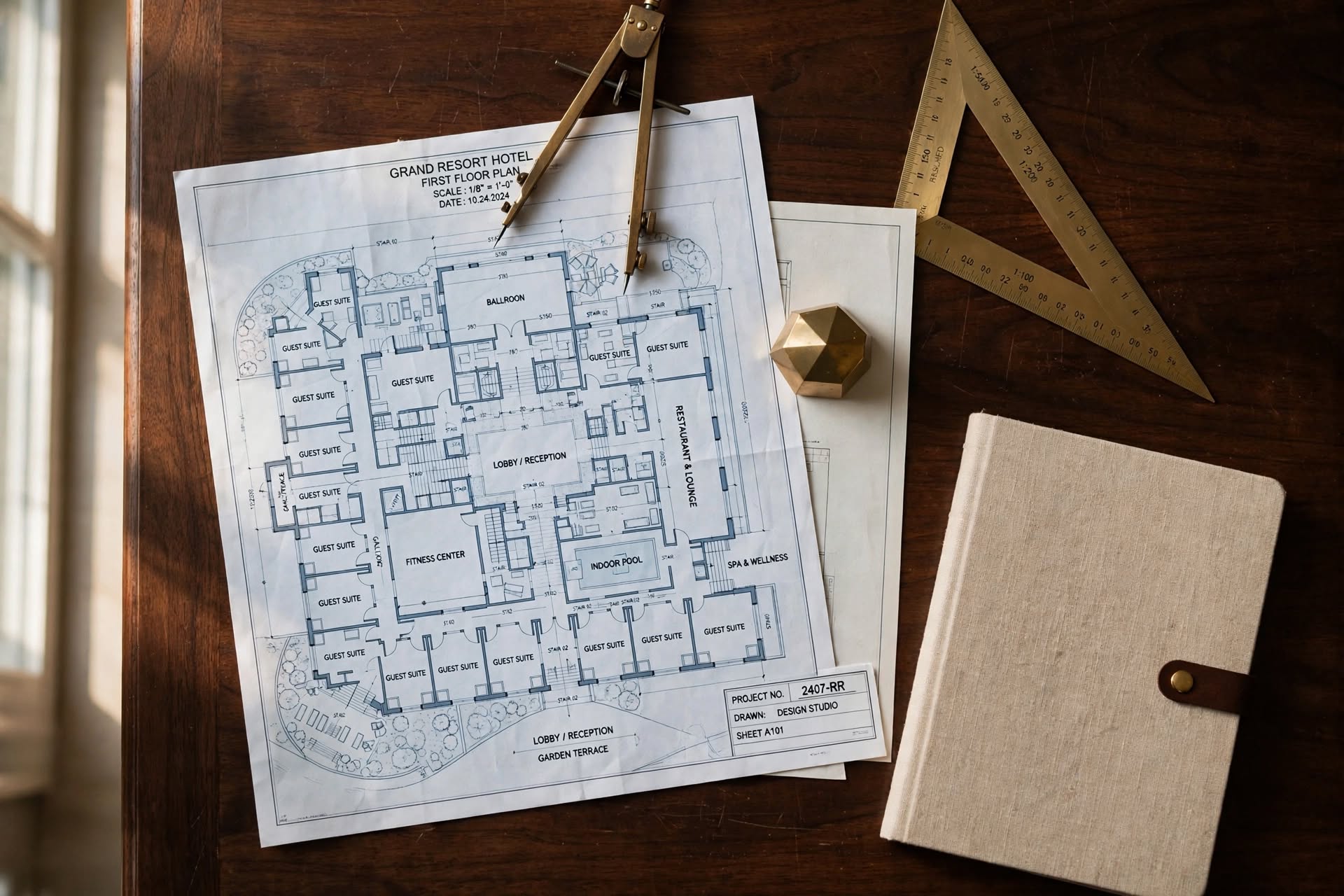 Architectural drawings and resort interior plans examined on a wooden review table