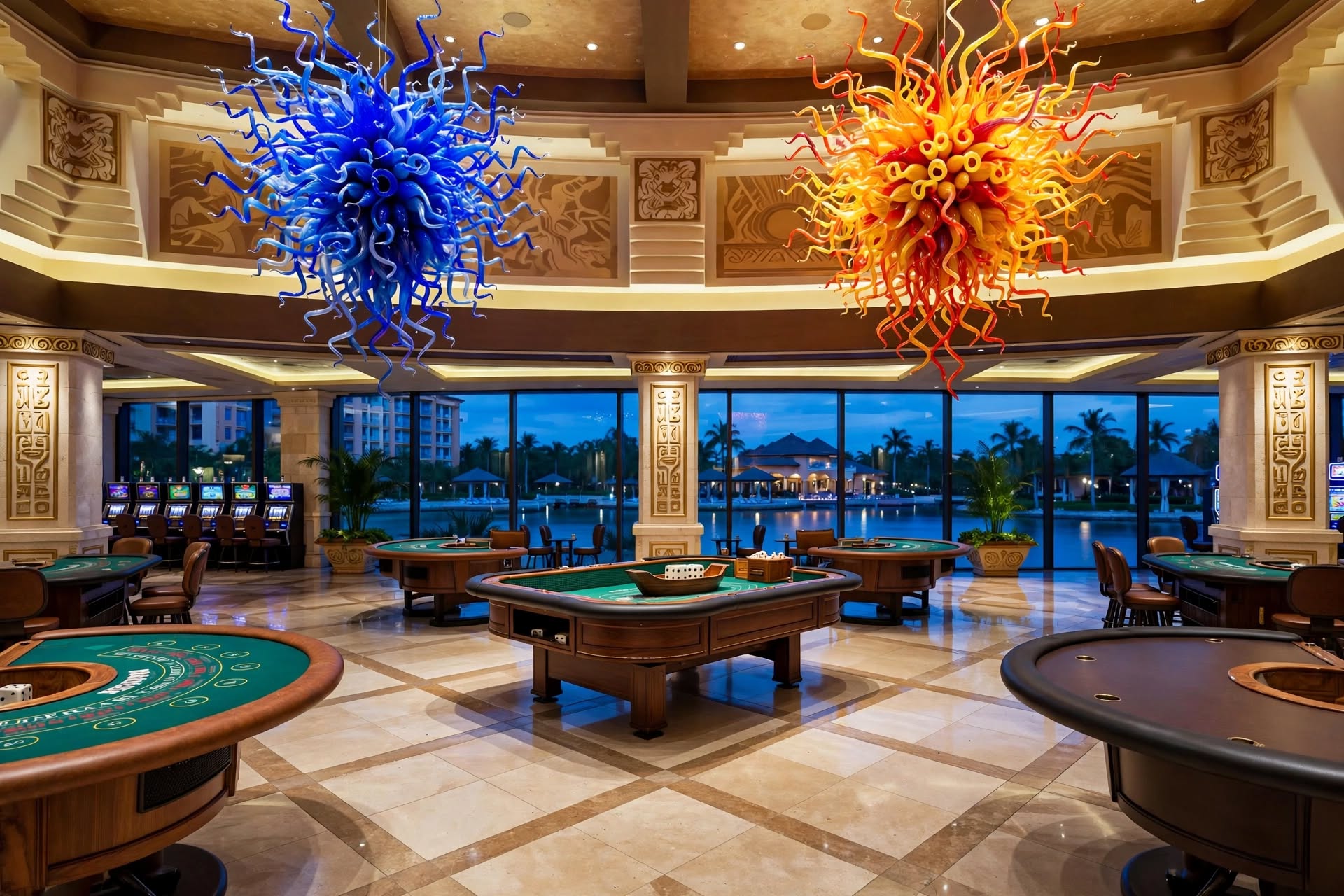 Sculpted glass artwork overhead on the casino floor at Atlantis Paradise Island