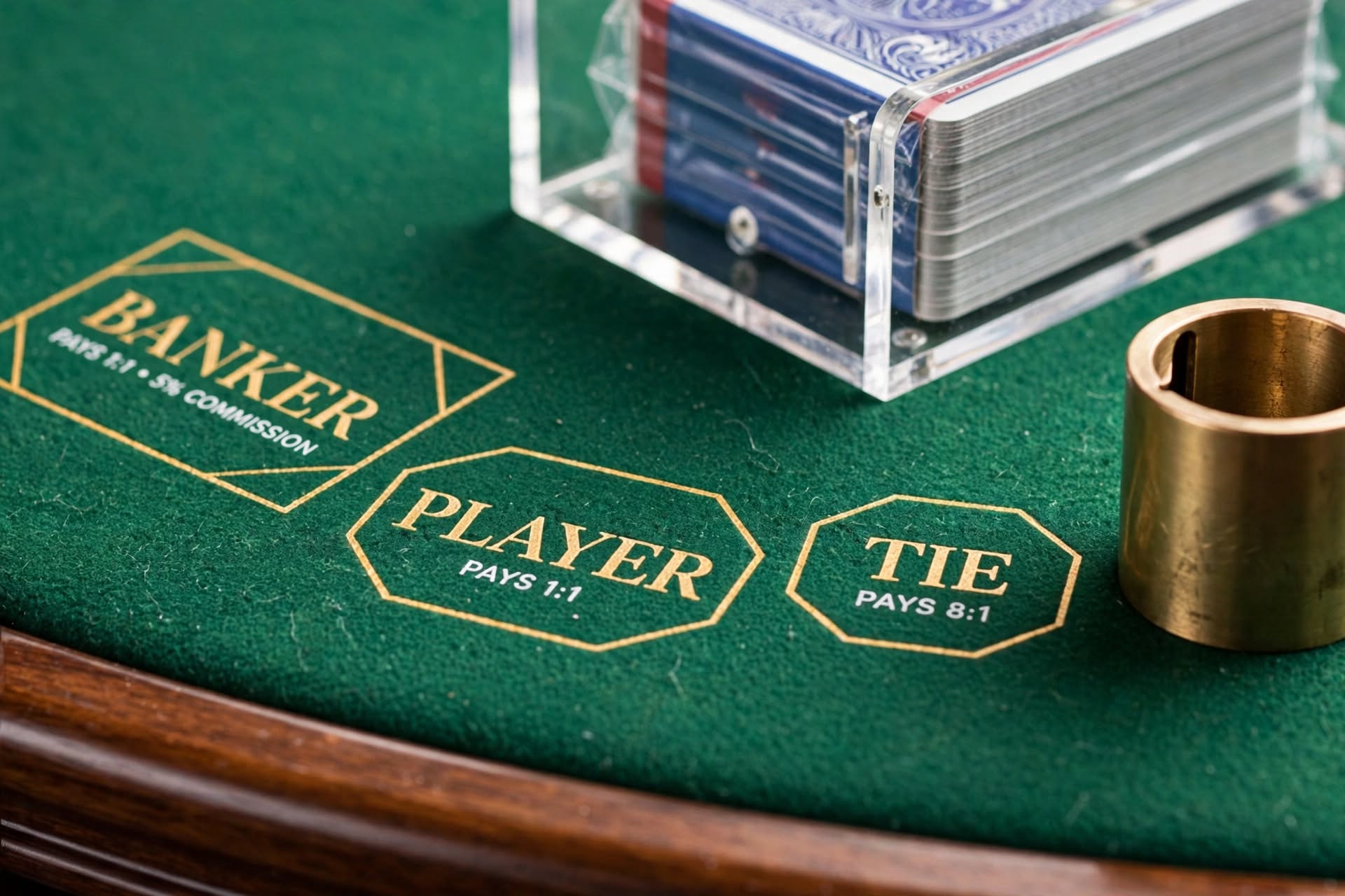 Baccarat card shoe and numbered felt positions on a luxury casino table
