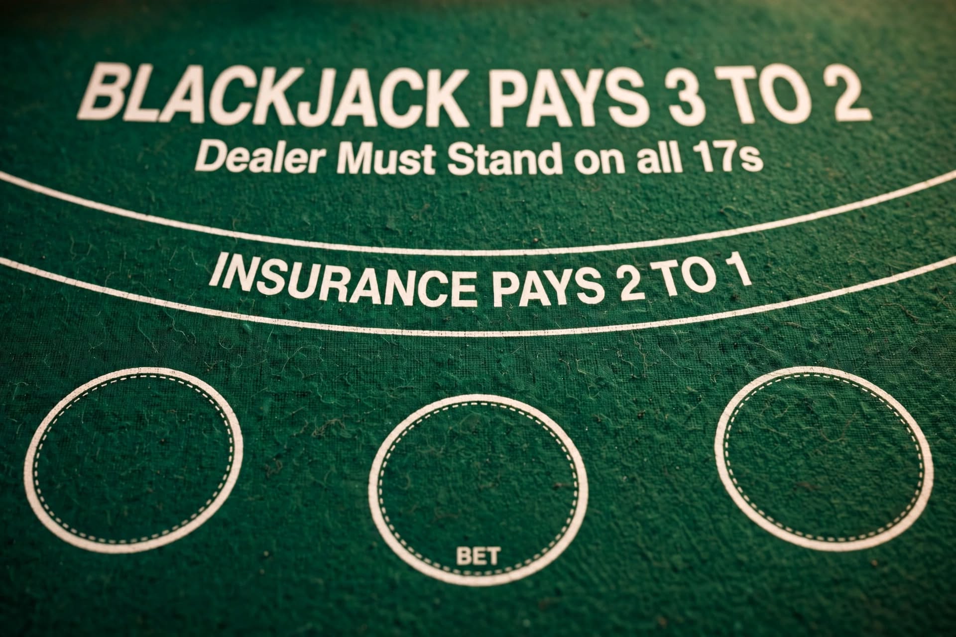 Close-up of a blackjack table felt displaying payout rules and card layout