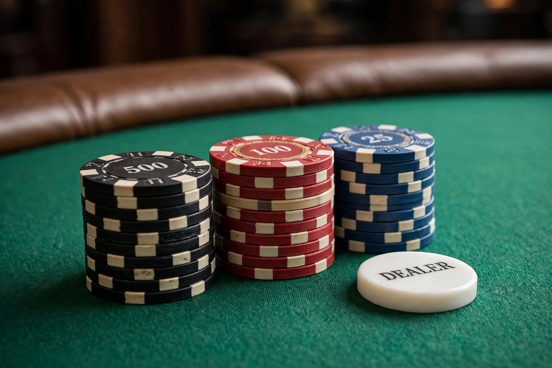 Stacks of ceramic casino chips on green poker felt in a quiet tournament room