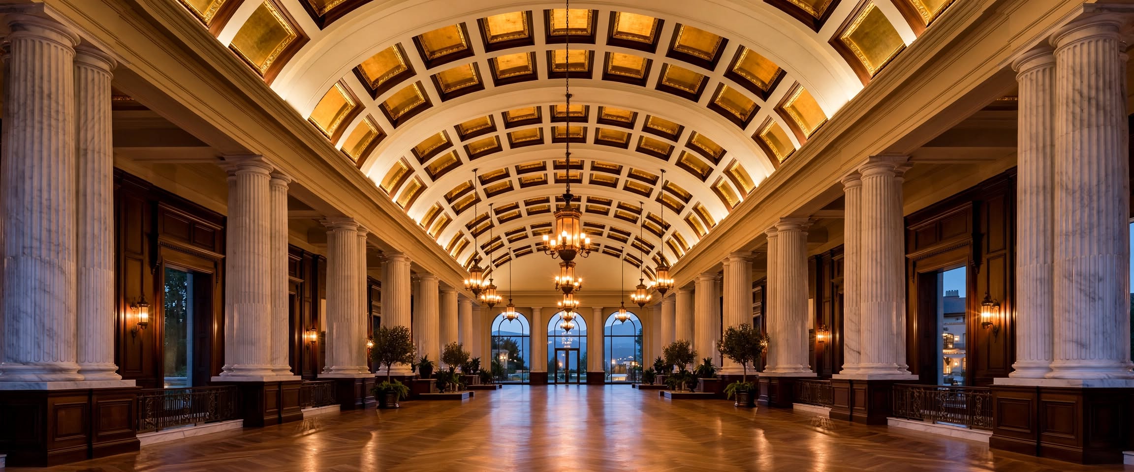 Sweeping atrium with glass vaults and marble columns inside a luxury resort