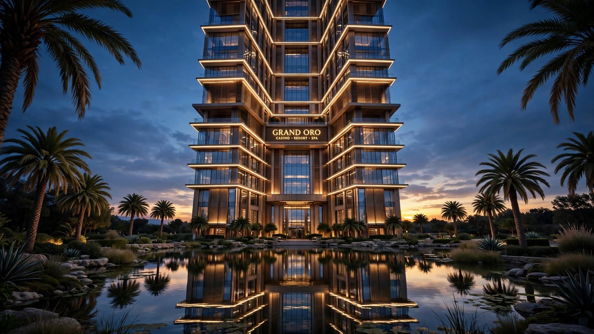 Grand architectural exterior of an illuminated luxury casino resort at twilight