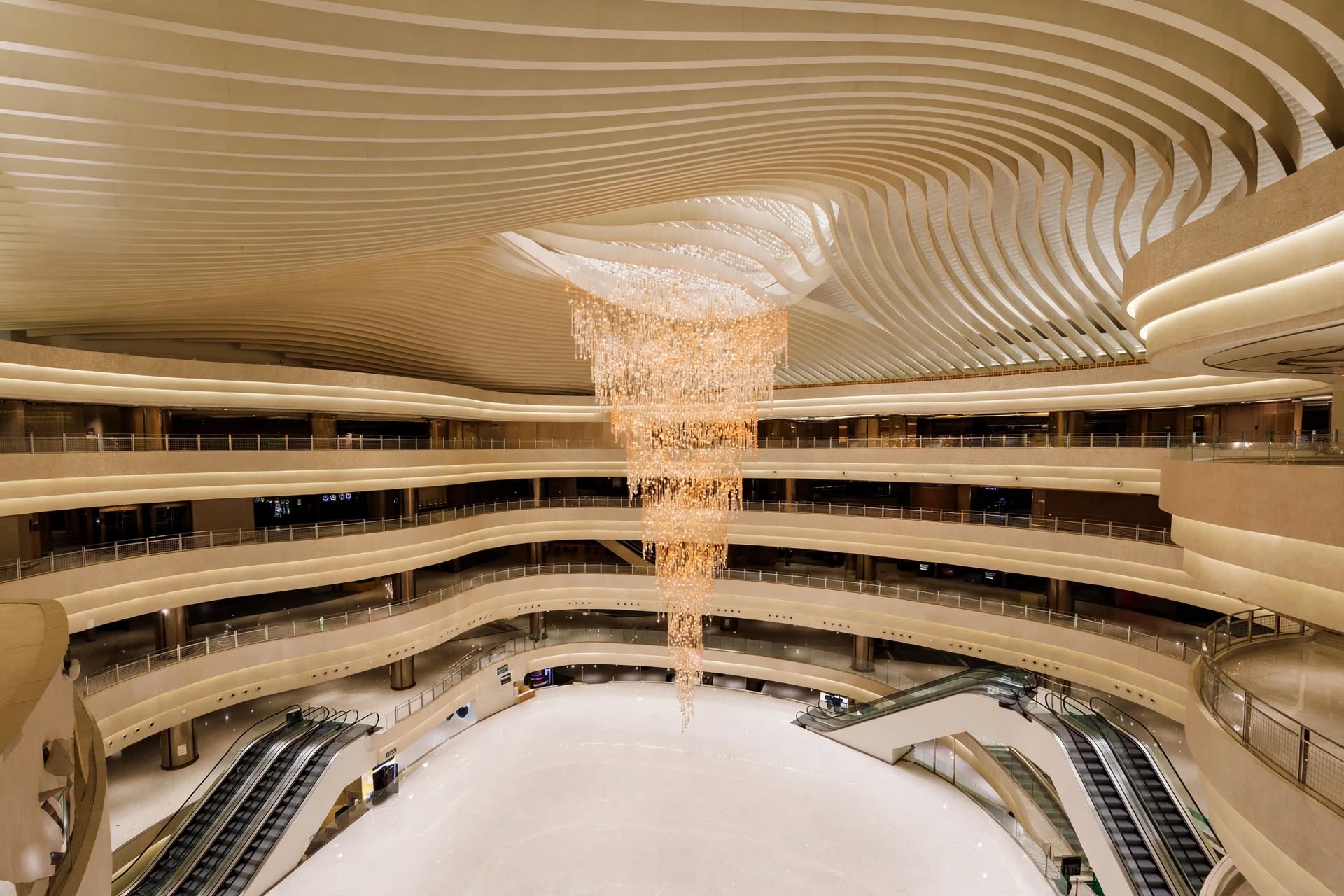 Multilevel architectural gaming atrium inside the casino at Marina Bay Sands