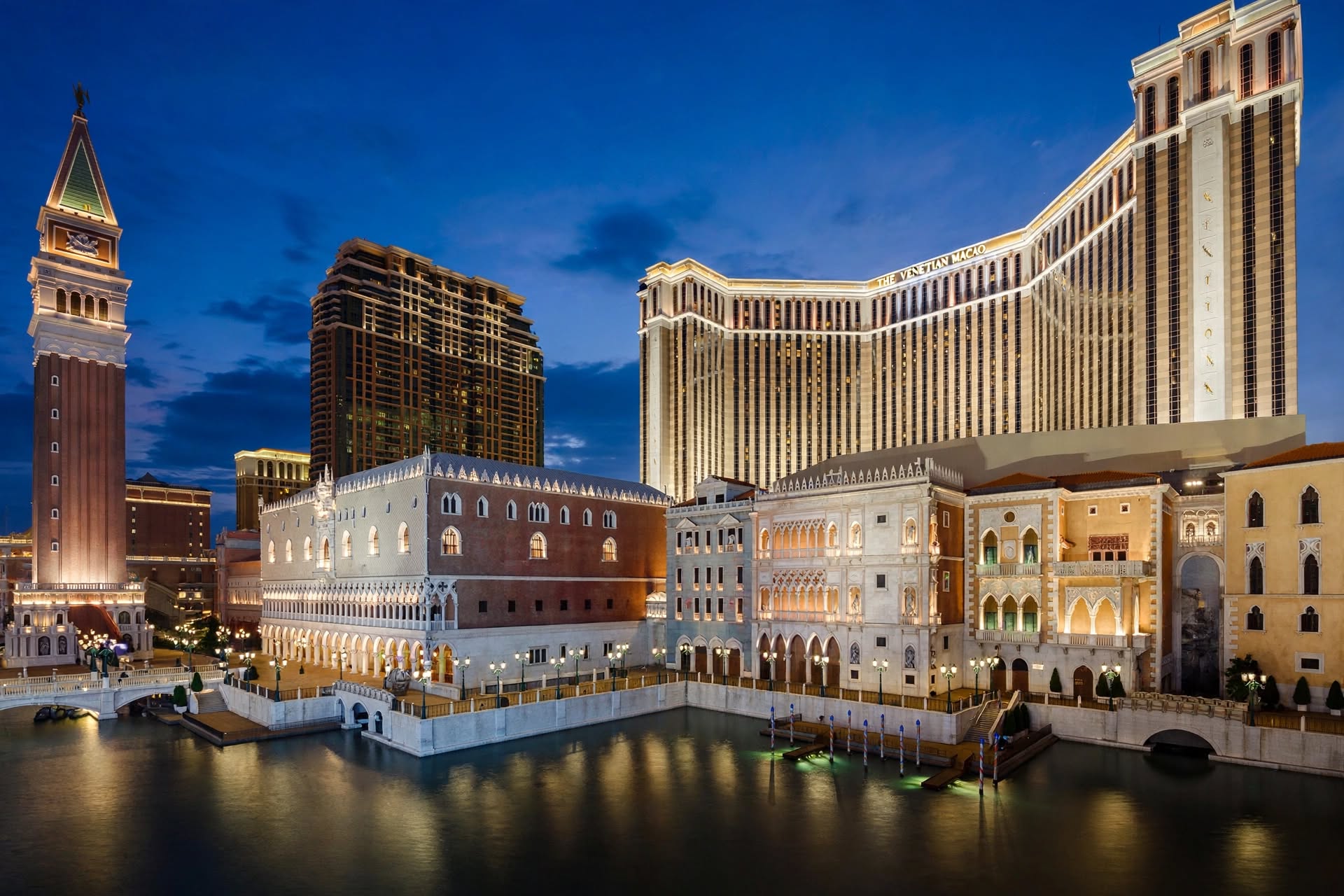 The Venetian Macao illuminated at dusk along the Cotai Strip