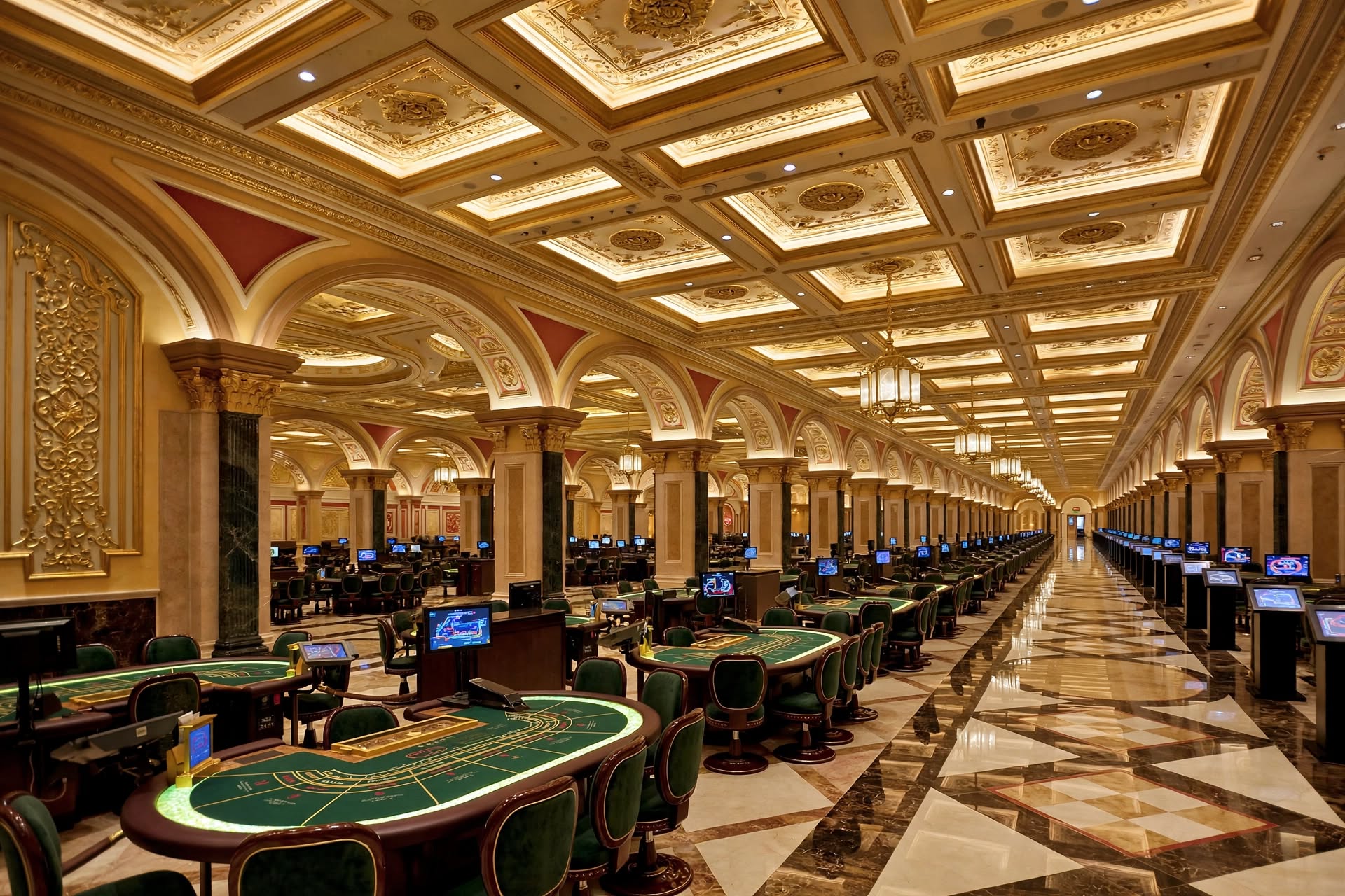 Vast rows of lighted baccarat tables beneath ornate ceilings at The Venetian Macao