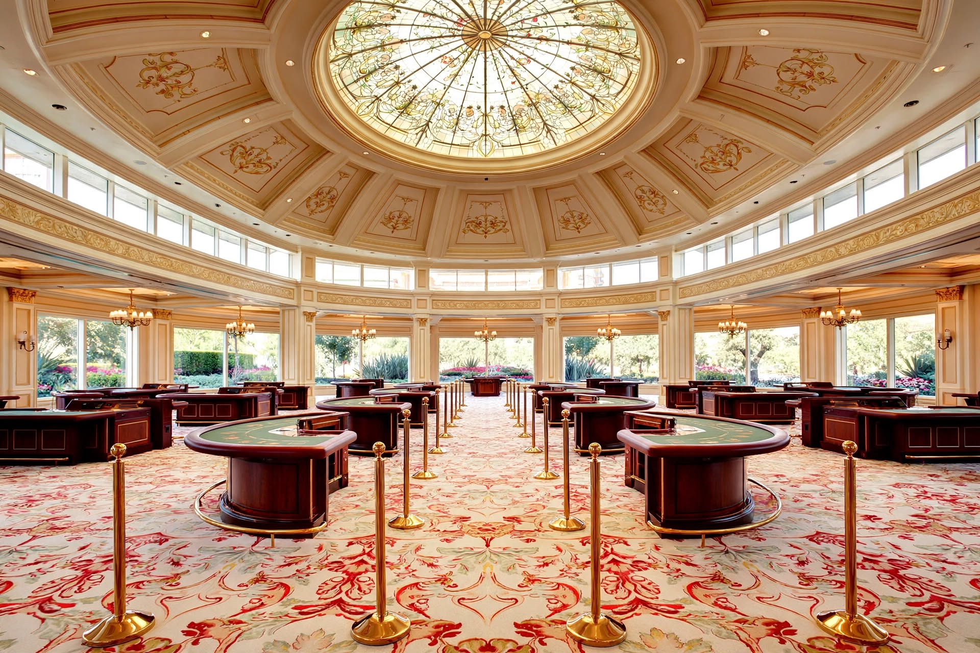 Interior view of the sunlit gaming floor and floral domes at Wynn Las Vegas